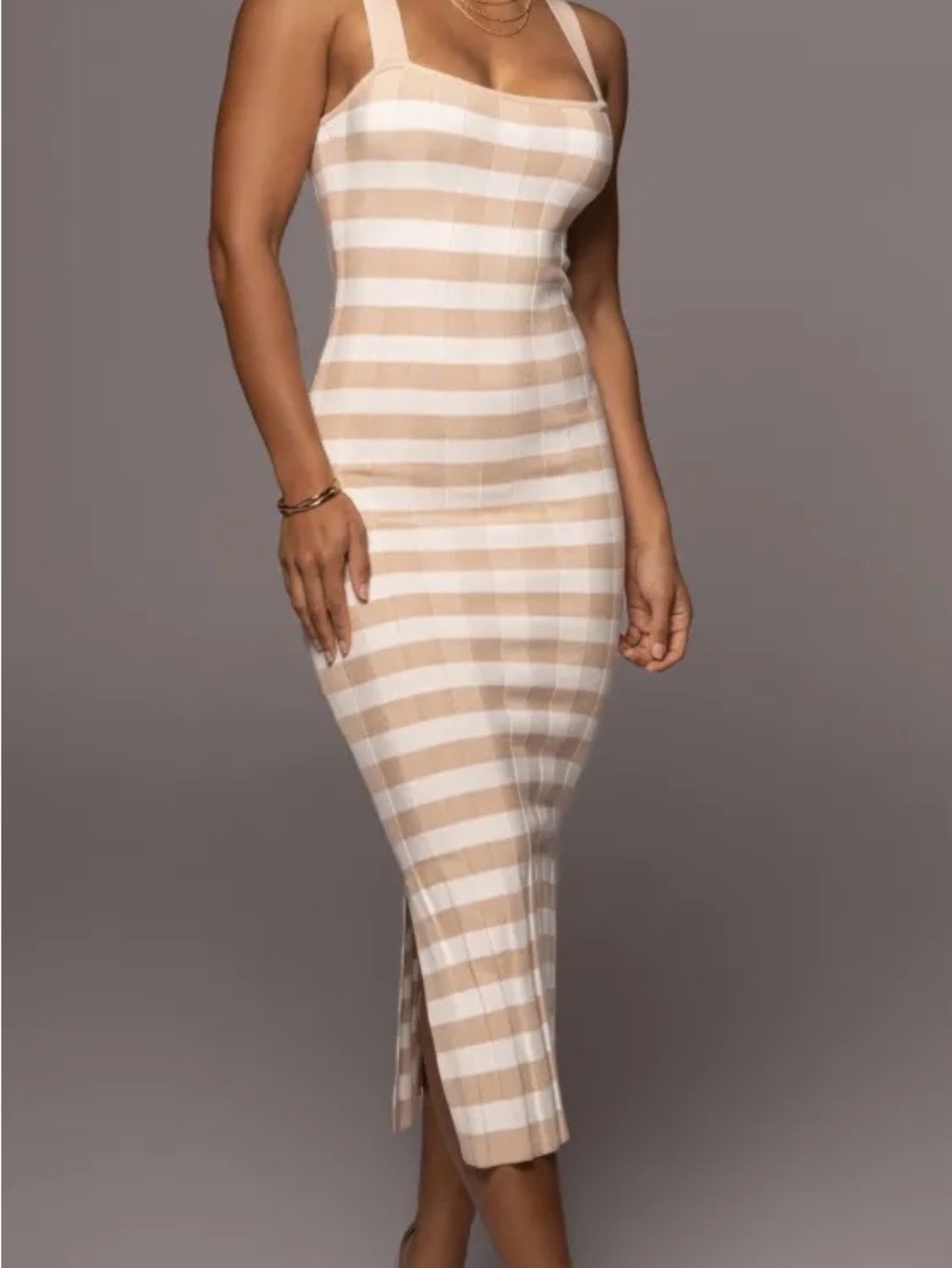 JLUXLABEL Beige and White Striped Ribbed Midi Dress